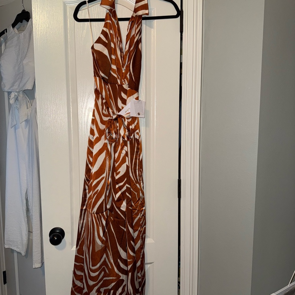 Elegant Brown/bronzed and White Halter Maxi jumpsuit